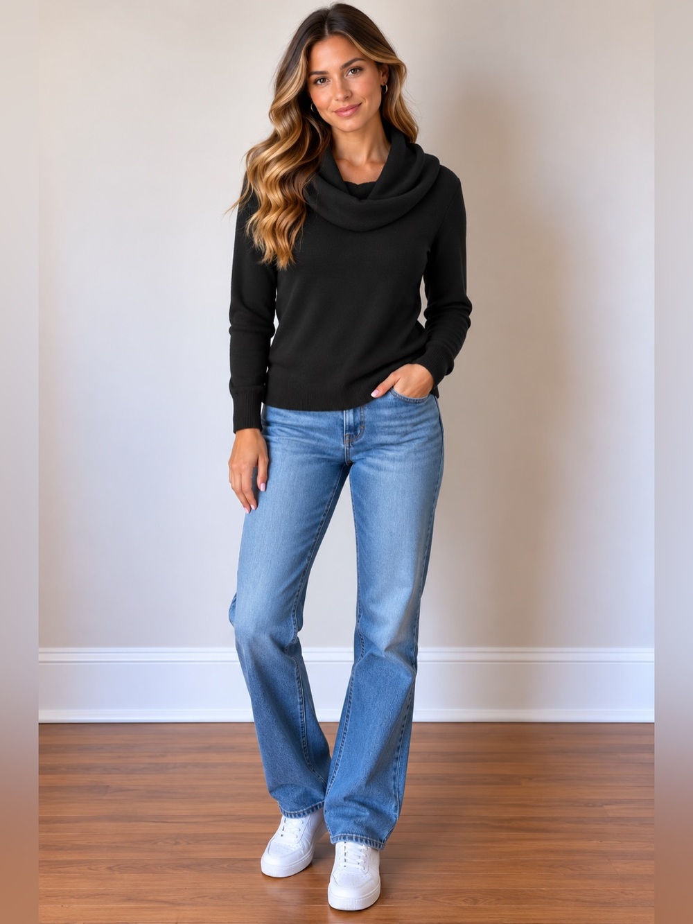 Silky Black Cowl Neck Sweater - Sleek Everyday Layering